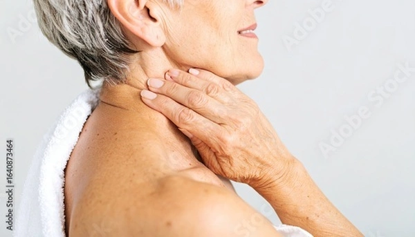 Obraz An older woman with short gray hair, draped in a white towel, gently touches her neck with her right hand.