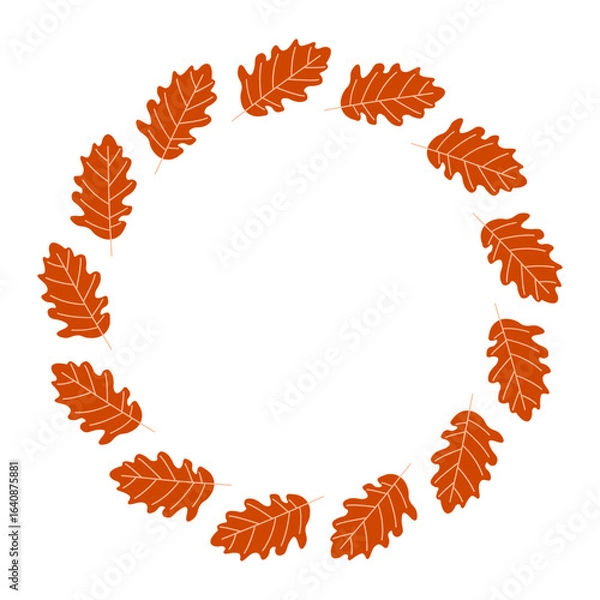 Fototapeta Autumn oak leaf wreath. Circle frame template for greeting cards or prints. Cozy flat illustration.