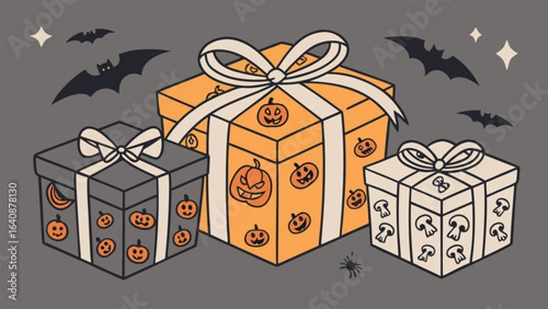 Fototapeta Whimsical halloween gift boxes featuring pumpkins bats and spooky mushrooms for a festive celebration