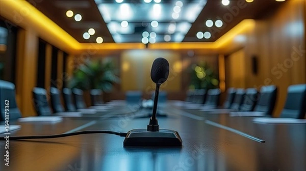 Fototapeta Focused shot of a black gooseneck conference microphone on a meeting table in a well-lit corporate seminar room