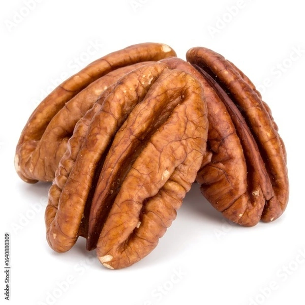 Obraz Three shelled pecans, close-up, isolated on white