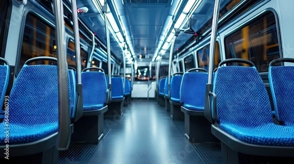 Fototapeta Neat and tidy interior of a new public transport bus with empty blue seats and a clean floor
