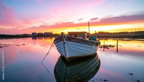 Fototapeta A small white and wooden boat sits anchored in calm water reflecting a vibrant sunset sky.