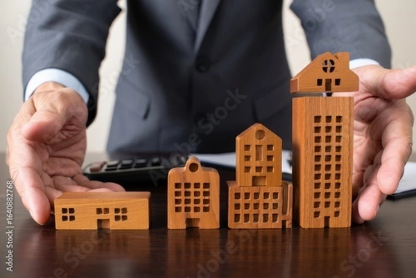 Fototapeta Real estate investment property management concept with wooden house models growth