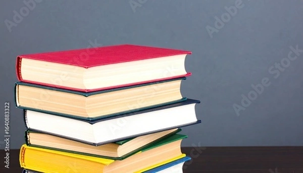 Fototapeta A stack of colorful hardcover books sits on a dark surface against a gray background.