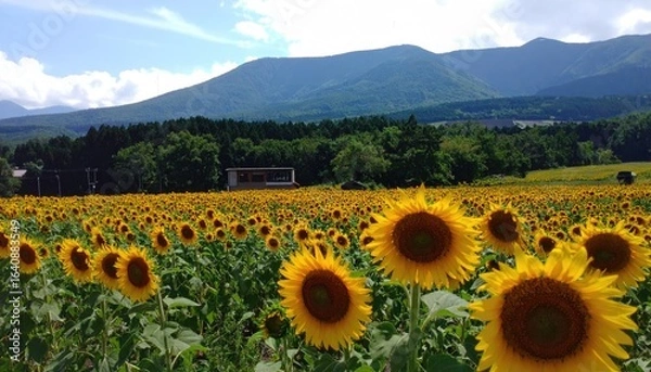 Fototapeta Sunflowers bloom in a field with a building, trees, and mountains in the background.