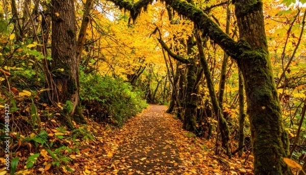 Fototapeta A leaf-covered path winds through a forest of moss-covered trees with golden autumn foliage.