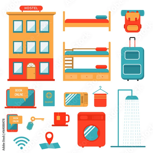 Obraz Low-cost cheap travel design elements set. Flat vector illustration of hostel service, suitcase, backpack, bunk bed, room key. Could be used for icon and infographic.