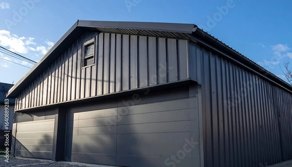 Obraz Modern Grey Garage Building with Metal Siding and Doors with Exterior View, and Blue Sky.