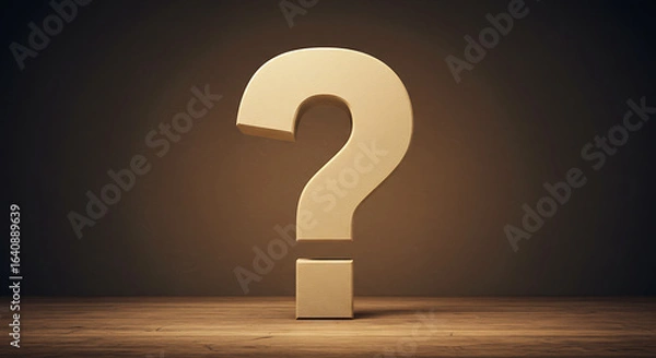 Fototapeta 3d question mark, question mark on a blackboard, Large beige question mark symbol stands on wooden surface. Brown warm textured background, dramatic lighting. Illustration reflects questions in busine