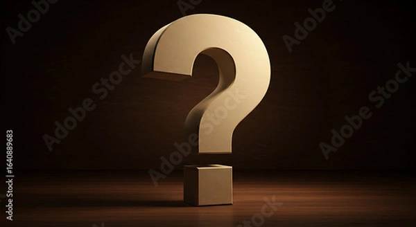 Fototapeta 3d question mark, question mark on a blackboard, Large beige question mark symbol stands on wooden surface. Brown warm textured background, dramatic lighting. Illustration reflects questions in busine