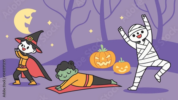 Fototapeta Cute halloween characters a witch a zombie and a mummy enjoy a festive night with pumpkins and a crescent moon under a starry sky