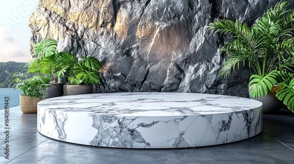 Fototapeta Marble podium on patio with rock backdrop and plants, ocean view beyond