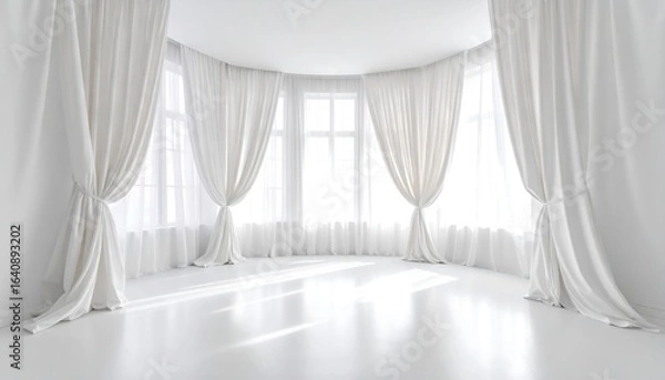 Fototapeta Empty white room with large windows and curtains