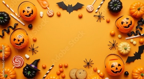 Obraz Halloween celebration decor festive orange background party supplies fun environment creative viewpoint spooky concept for seasonal festivities