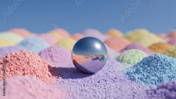 Fototapeta A shiny silver ball is sitting on a colorful pile of sand