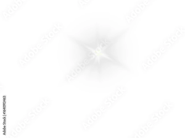 Fototapeta Bright, sparkling starburst with a subtle lens flare and glowing rays, providing a clean and elegant light effect on a pure white background