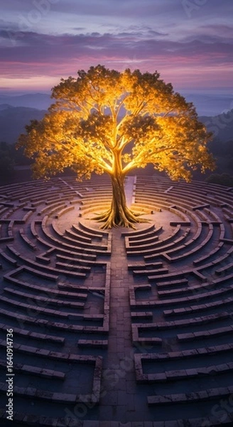Fototapeta Glowing Tree of Life in the Center of a Stone Labyrinth