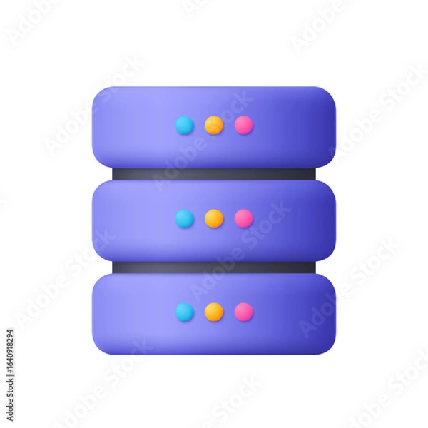 Obraz Purple server rack with three stacked units. Data memory and data center. Data storage, cloud computing, or web hosting concept. 3d vector icon. Cartoon minimal style.