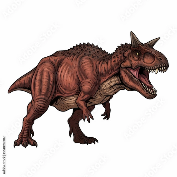 Fototapeta Realistic illustration of a Tyrannosaurus rex dinosaur walking, showcasing its muscular body, sharp teeth, and prehistoric predator stance.