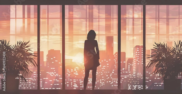 Fototapeta Wizja sukcesu i przywództwa. Sylwetka kobiety liderki w biurze, patrząca na panoramę miasta o zachodzie słońca. Koncepcja ambicji i kariery.