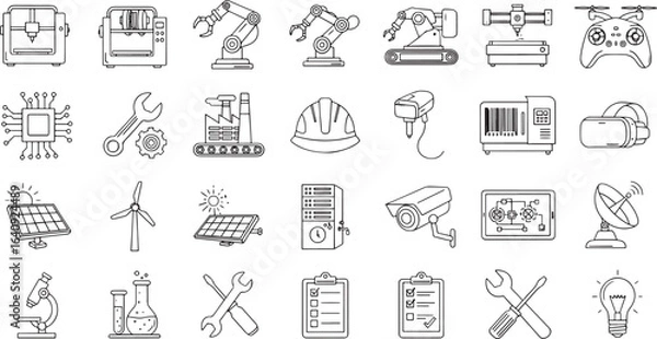 Fototapeta Line art icons representing technology engineering and various industrial and scientific equipment
