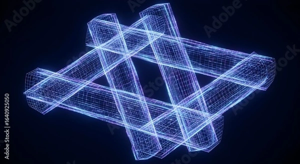 Fototapeta Abstract glowing blue wireframe geometric structure with overlapping cylindrical forms on dark background