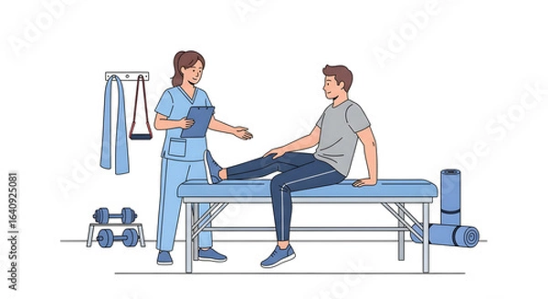 Fototapeta Physical Therapy Session: Physiotherapist Guiding Male Patient with Leg Exercise for Rehabilitation and Recovery.