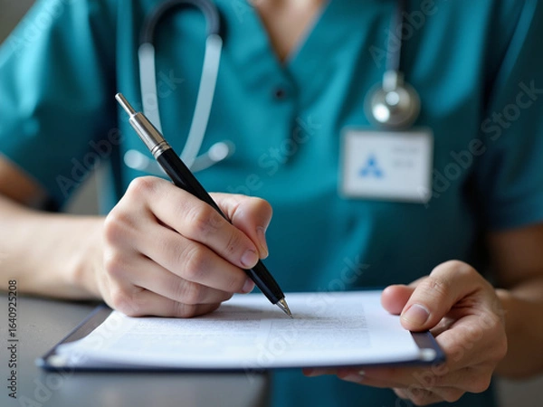 Obraz A healthcare professional is taking notes while preparing documents related to elderly patients, showcasing the intersection of aging population and advancing technology in the medical field