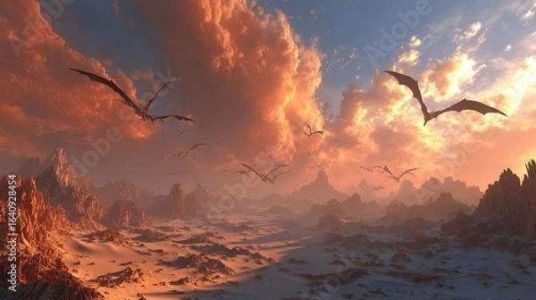 Fototapeta Dragons soar over a fantastical landscape. Fantasy artwork for web, design, editorial.