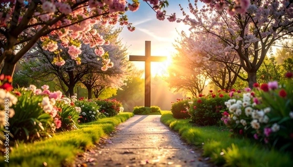 Fototapeta Springtime cross in a garden