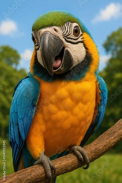 Obraz Colorful blue-and-yellow macaw posing proudly on branch in lush rainforest.
