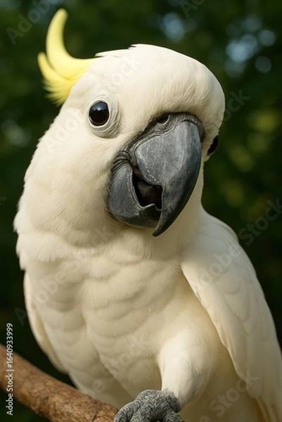 Obraz Elegant white cockatoo with yellow crest perched gracefully on forest branch.