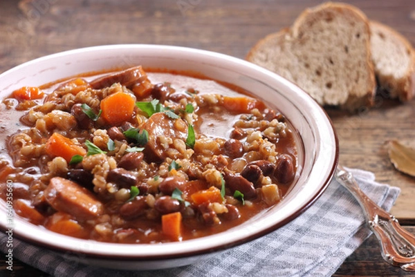 Obraz Ricet - barley and bean soup with sausage
