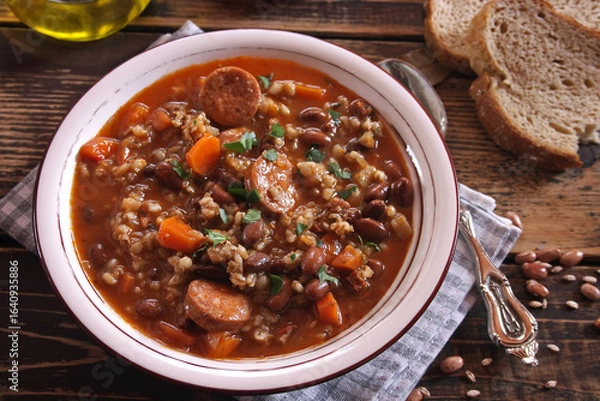 Obraz Ricet - barley and bean soup with sausage
