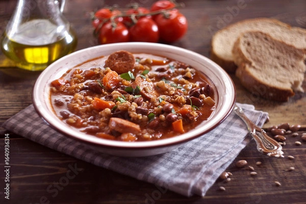Obraz Ricet - barley and bean soup with sausage
