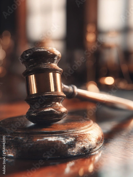 Fototapeta wooden gavel on a desk in a law court used by a judge, wallpaper with copy space  