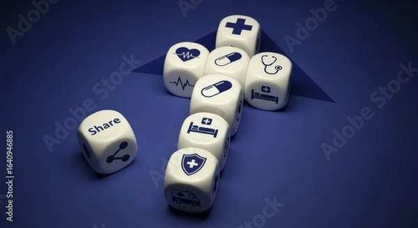 Fototapeta Healthcare Concept: Dice Displaying Medical Icons for Health Insurance, Wellness, and Sharing Information