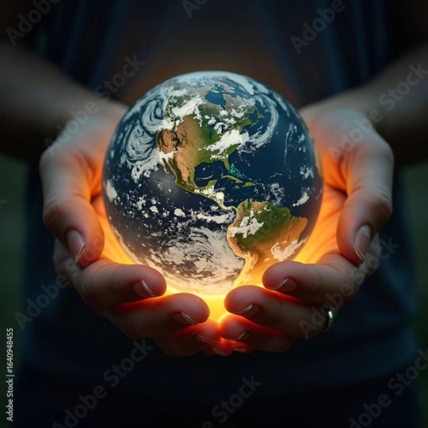 Fototapeta Diverse hands holding glowing earth