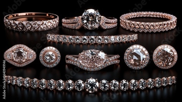 Obraz Wedding Diamond Border Vector Design: Various Shape Frames on Black Background, Isolated Element for Invitations and Celebration Cards.