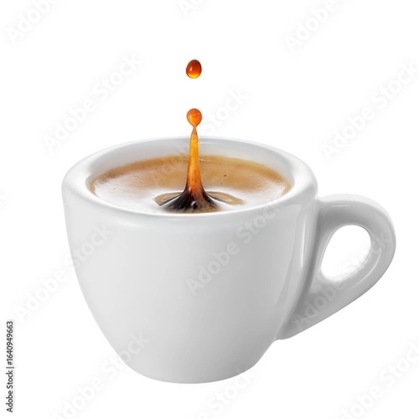 Obraz Coffee splash with drop inside small ceramic espresso cup isolated on white background