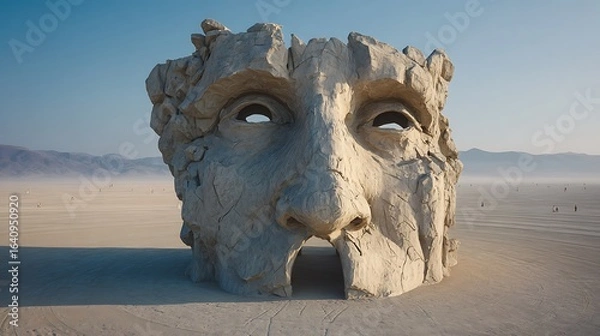 Fototapeta Enormous stone face sculpture stands in desert landscape. Evokes mystery. Metaphor for humanity, art, architecture, marketing, advertising, editorial, web use.