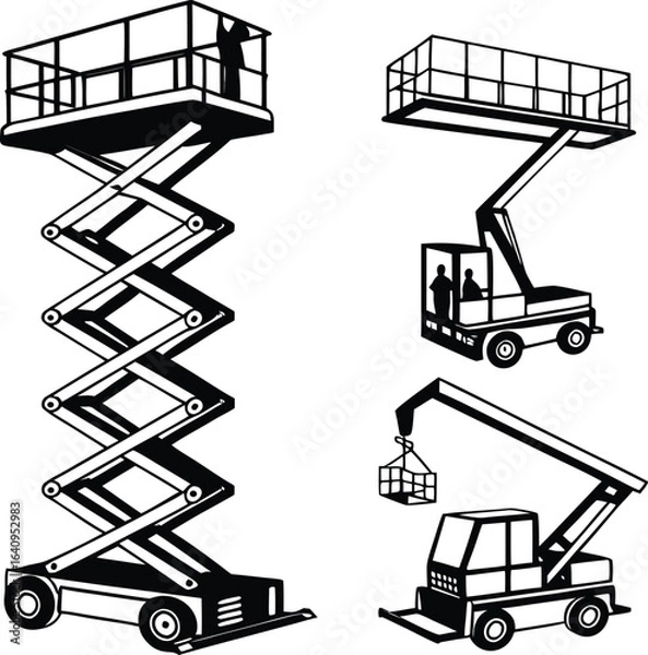 Fototapeta Construction Scissor Lift Silhouette Collection  Side, Front, and Perspective Views