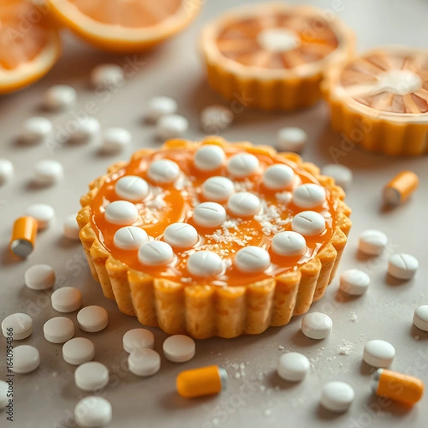 Fototapeta Ultra-realistic orange flavored paracetamol tart with pills scattered, illustrating overprocessed food