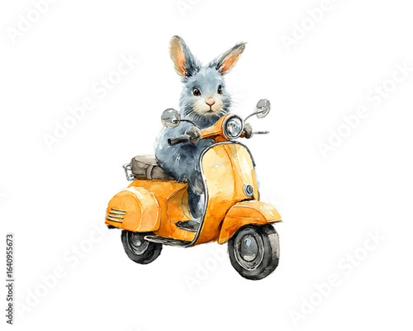 Fototapeta Whimsical watercolor illustration of a cute bunny riding a vintage orange scooter isolated on transparent background