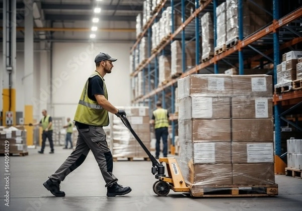 Fototapeta Warehouse workers moving pallets of cardboard boxes with a hand pallet truck during a busy day in a distribution center
