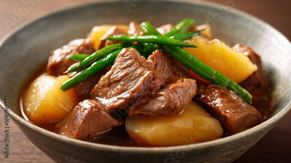 Fototapeta とろとろに煮込まれた牛肉とじゃがいもにインゲンを添えた彩りの良い肉じゃがのクローズアップ