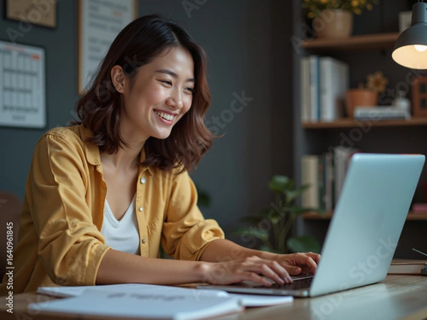 Obraz A young asian woman is happily working on her laptop at home, showcasing the influence of technology on aging population and the importance of digital skills for everyday tasks in modern life