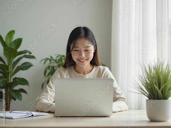 Obraz young asian woman using computer at home while working on digital technology connected with aging population, enjoying time in cozy environment surrounded by indoor plants
