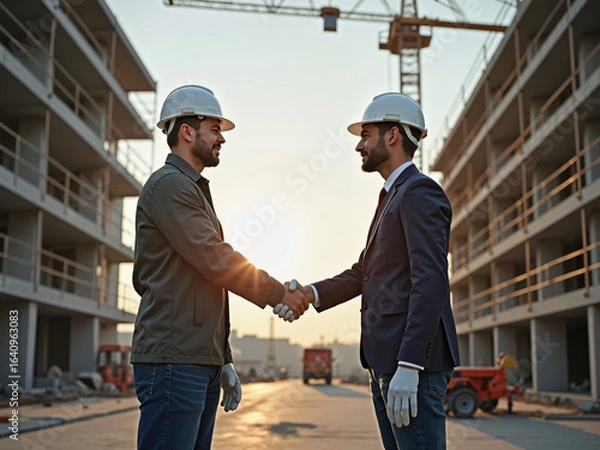 Fototapeta Two men shaking hands at a construction site during sunset, one in a suit and the other in work clothing, symbolizing collaboration and partnership 